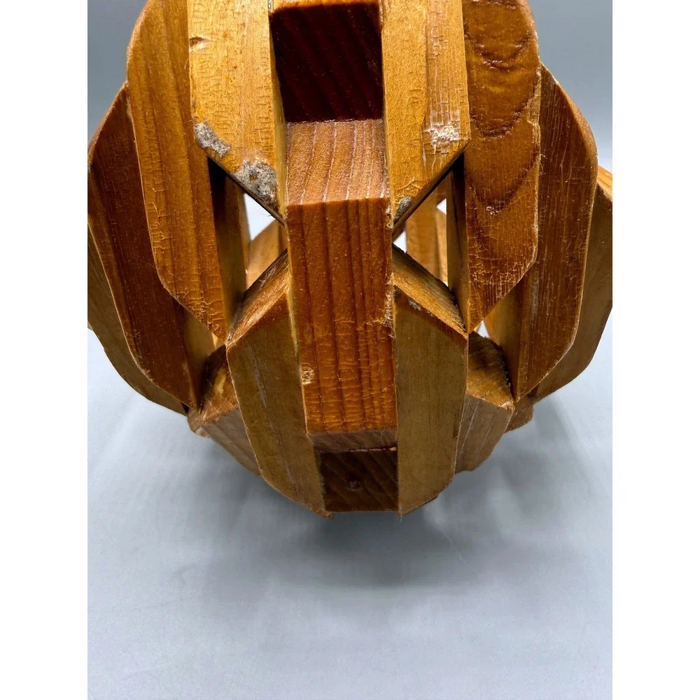 Vintage Folk Art Geometric Interlocking Wood Planter Basket MCM Handle Brown 9in